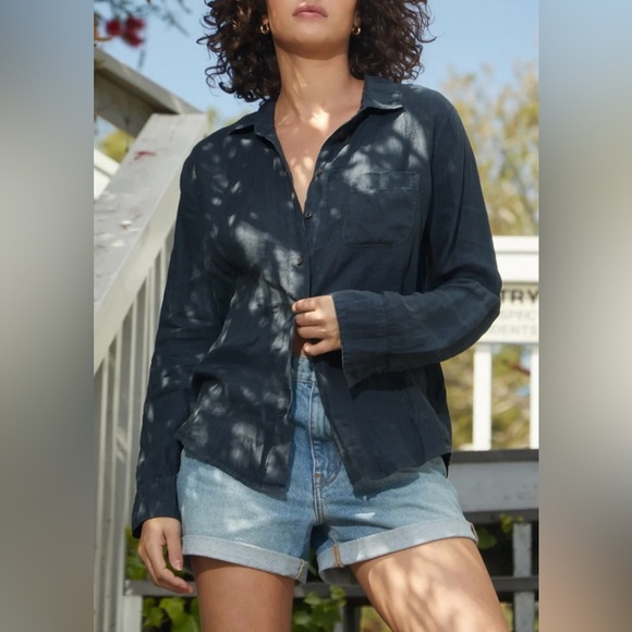 Zara 100% Linen dark grey Button-Up Long Sleeve casual Shirt women's size Small - Picture 1 of 9